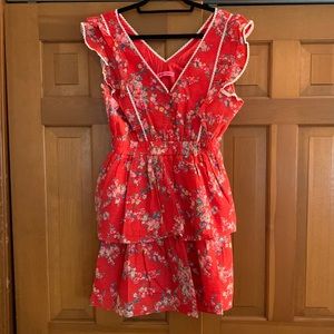 Betsey Johnson floral red yellow and green dress with ruffle sleeves and buttons